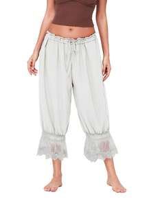 Women Lace Trim Bloomers Casual Elastic Mid Rise Ruffle Cropped Pants Loose Slips Trousers Comfort Bottoms - 白色 - 查看 1