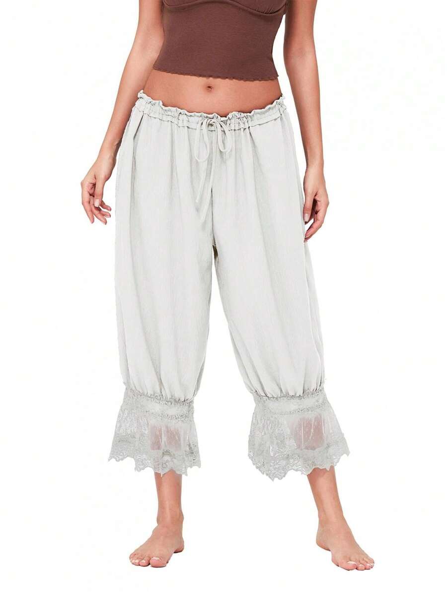 Women Lace Trim Bloomers Casual Elastic Mid Rise Ruffle Cropped Pants Loose Slips Trousers Comfort Bottoms - 白色 - 查看 1