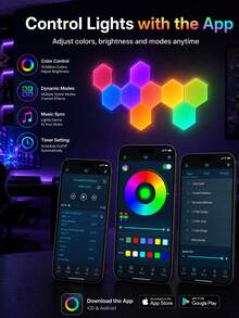 RGB六边形LED壁灯面板，智能DIY模块化壁灯，支持APP远程控制，音乐同步USB供电变色灯，适用于游戏室、卧室装饰 - RGB 六角形拼接裝飾燈 - 查看 7