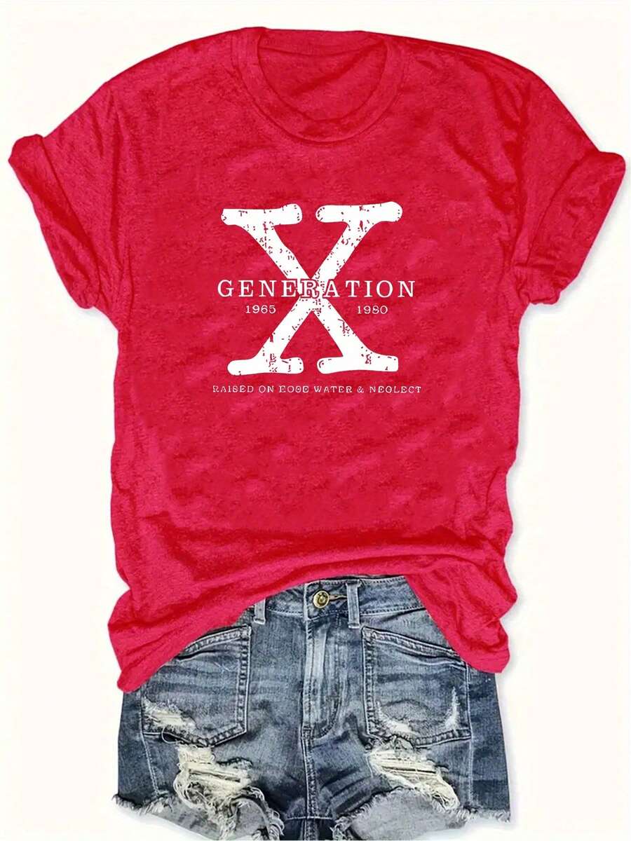 Camiseta Gráfica "GENERATION X" de Talla Grande para Mujer - Cuello Redondo Casual, Manga Corta, Estampado de Letras para Otoño/Invierno - Rojo - Ver 1