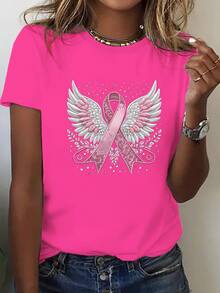Plus Size - Women's Crew Neck T-Shirt With Pink Ribbon And Wings Print - 玫紅色 - 查看 6
