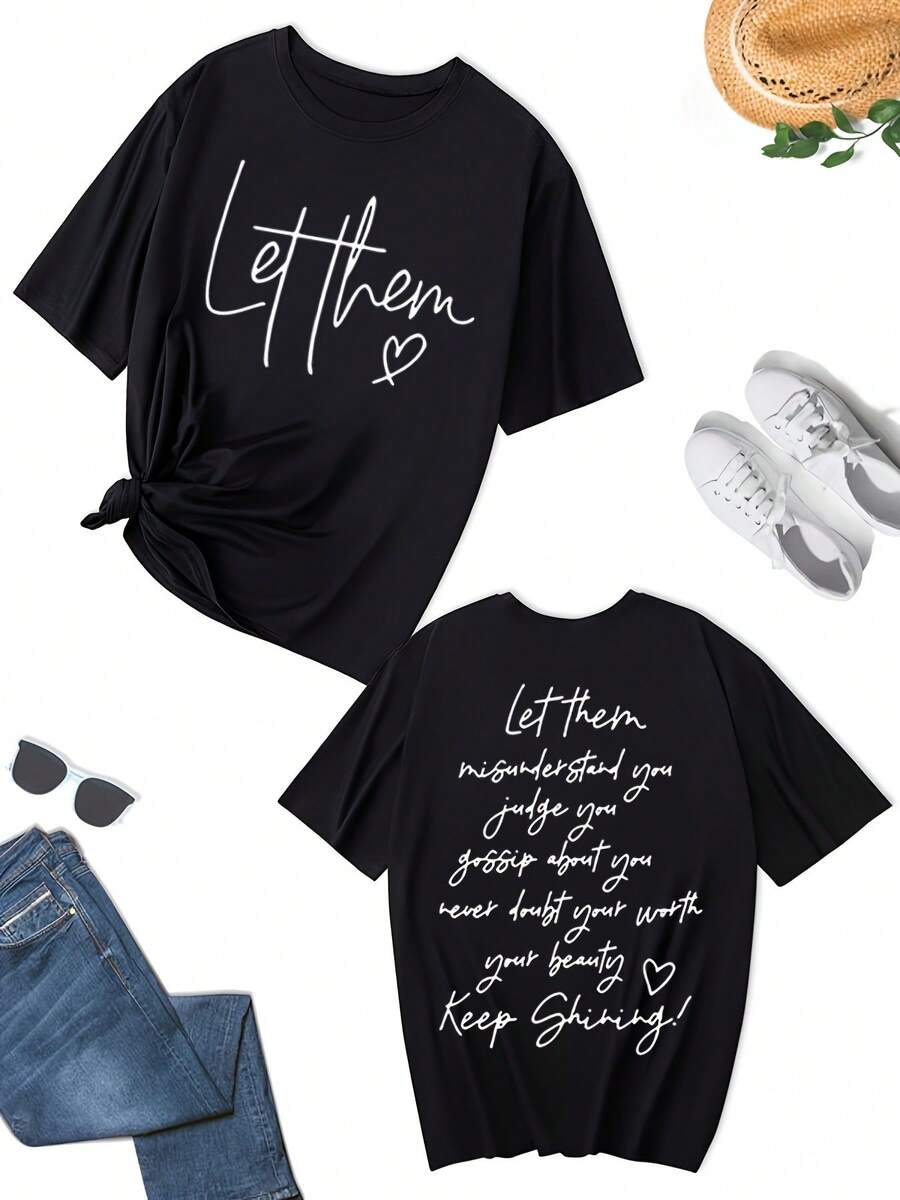 Talla Grande, Camiseta de Manga Corta Oversize con Estampado de Letras Cursivas '' '' '' 'o' 't' 't' - Blusa Casual de Cuello Redondo, Lavable a Máquina - Camisetas Ajustadas para 1 1 JS NT - Negro - Ver 1