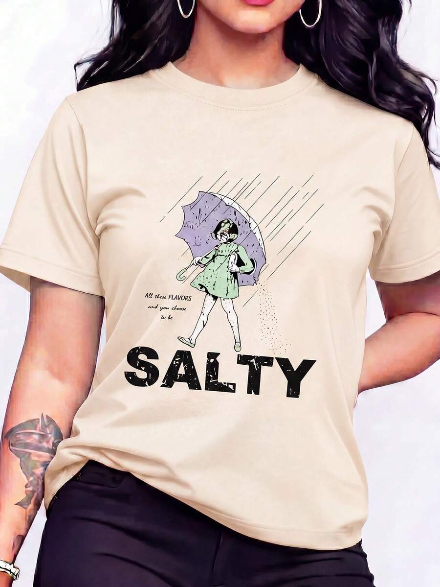 Women's Casual Salty Graphic Print Round Neck Short Sleeve T-Shirt Knitted Fabric Regular Top - 杏色 - 查看 1