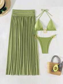 Vaytide Set de 3 piezas: Bikini de tela brillante de unicolor con diseño de aro de metal asimétrico + Vestido de malla larga tipo capa para la playa, traje de baño de resort vacacional para mujer - Verde - Ver 5