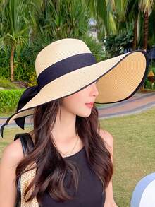 Mũ rơm vành rộng cho nữ, mũ đi biển vành rộng chống nắng mùa hè có nơ, mũ đi biển/chống nắng thời trang đa năng, nơ polyester giản dị, mùa xuân/hè. - mũ - Xem 5