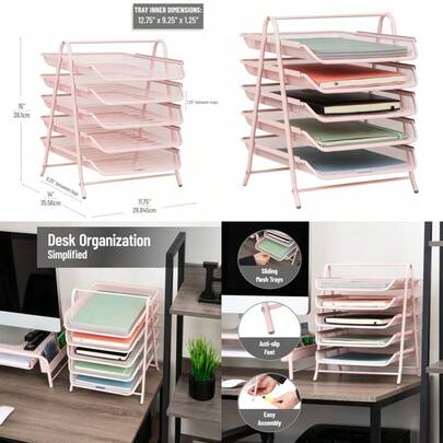 Betesh Mind Reader 5-Tier Paper Tray, Desktop Organizer, File Storage, Workspace, Office, Metal Mesh, 11.75" L x 14" W x 14.5" H
