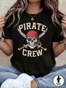 1 pieza Camiseta con estampado de calavera de pirata para mujer, primavera-verano, manga corta, cuello redondo, casual, para uso diario, regalo de vacaciones, 180g 100% algodón - Negro - Ver 6