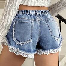 ICON Plus Size Women's Fashionable Vintage American Style Blue Fringe Denim Shorts For Summer - Azul - Ver 3