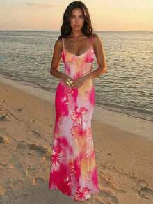 Vacation Spaghetti Strap Tie-Up Bodycon Printed Dress For Women, Spring/Summer,Pink Dress - Pink 3 - View 2
