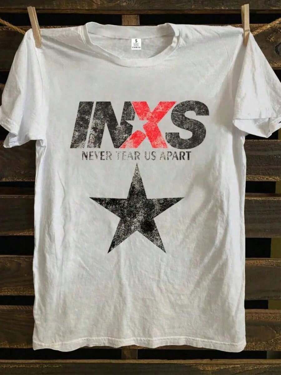 Camiseta Casual Estampada para Mujer INXS - Diseño de Letras Desgastadas "Never Separate", Cuello Redondo Blanco, Manga Corta, Lavable y Cómoda para Todas las Temporadas, Camiseta Estampada Vintage, Casual y Holgada - Blanco - Ver 1