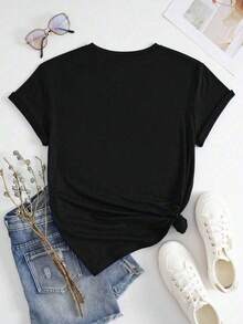 1pscSHEIN Camiseta de mujer de talla grande con estampado de dibujos animados y eslogan de manga corta, cuello redondo con texto "PLZ USE IT" Camiseta gráfica para verano100% Cotton - Negro - Ver 3