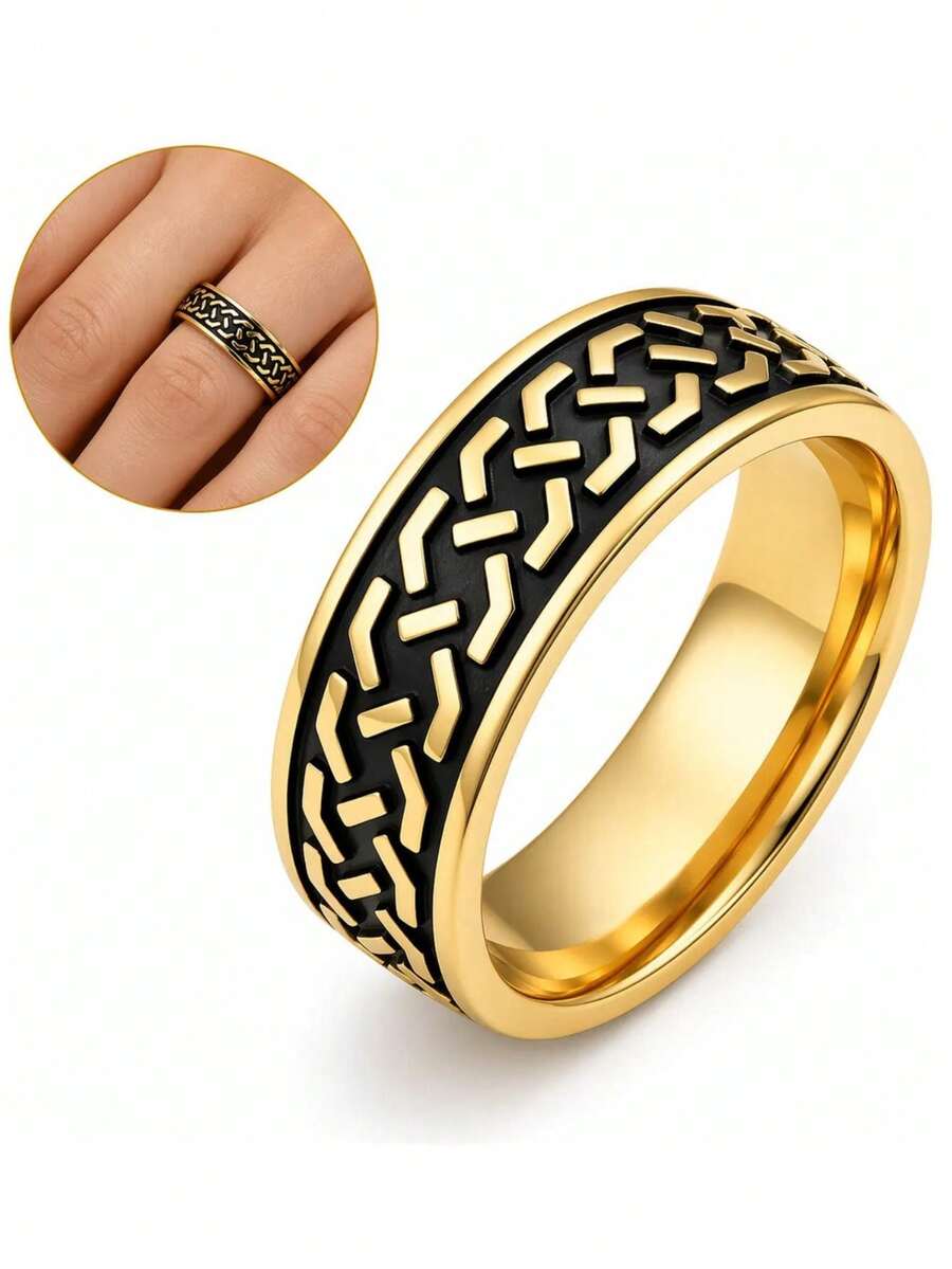Anel Masculino Detalhes Gravado Exclusivo Dourado Tungstênio Luxo - Equilíbrio - Visão 1