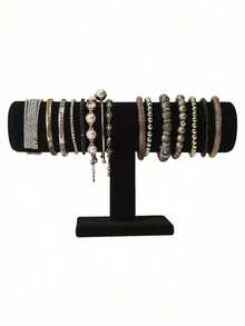 1pc Elegant Black Velvet T-Bar Bracelet Display Stand - Tabletop Jewelry Holder, Mother's Day Gift, Suitable For Retail Display Cases, Sturdy Plastic Base, Great For Necklaces, Bracelets And Watches,Multi-Functional Desktop Organizer, - Black - View 1