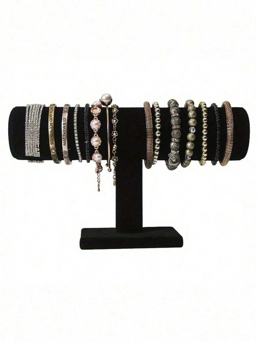 1pc Elegant Black Velvet T-Bar Bracelet Display Stand - Tabletop Jewelry Holder, Mother's Day Gift, Suitable For Retail Display Cases, Sturdy Plastic Base, Great For Necklaces, Bracelets And Watches,Multi-Functional Desktop Organizer, - Black - View 1