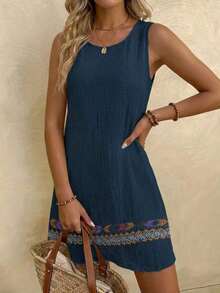 Vestido casual de verano para vacaciones en la playa, de algodón y lino con textura, color albaricoque, sin mangas y corte recto para mujeres - Azul marino - Ver 7