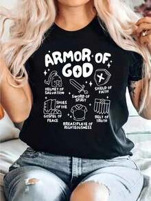 1 pieza Camiseta de Mujer "Armadura de Dios" con Diseño de Jesús para Niños Pequeños, 100% Algodón, Transpirable y de Ajuste Cómodo, Manga Corta, Cuello Redondo, Para Todas las Temporadas, 210g 100% Algodón, los diseños están impresos. Unisexo. - Negro - Ver 1