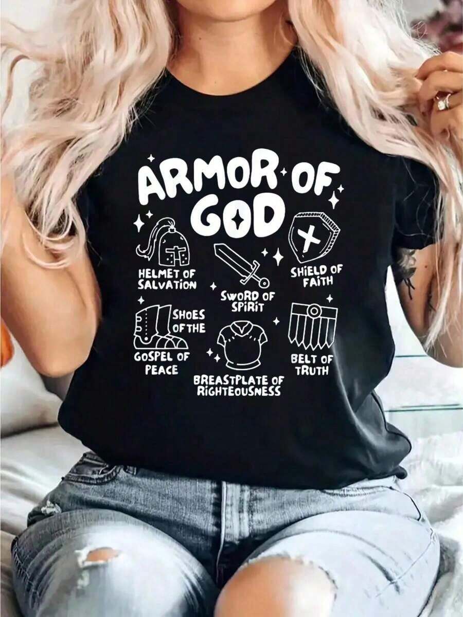 1 pieza Camiseta de Mujer "Armadura de Dios" con Diseño de Jesús para Niños Pequeños, 100% Algodón, Transpirable y de Ajuste Cómodo, Manga Corta, Cuello Redondo, Para Todas las Temporadas, 210g 100% Algodón, los diseños están impresos. Unisexo. - Negro - Ver 1