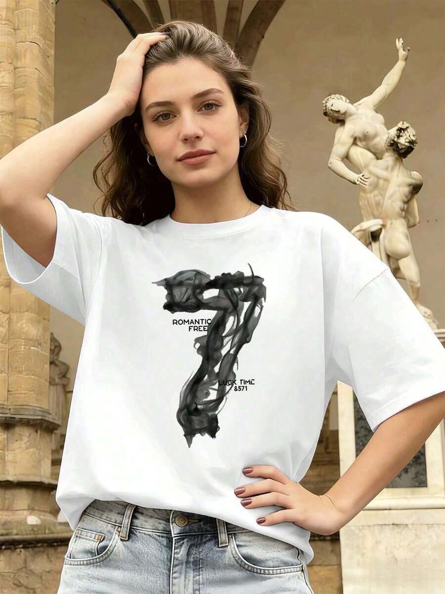 Camisetas gráficas con estampado de humo, camiseta gráfica casual para mujer, tela premium, cuello redondo, corte relajado, cómoda, estilo hip-hop urbano, camisetas de algodón para verano. - Blanco - Ver 1