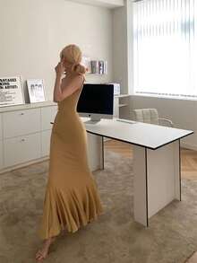 Vestido largo de cola de sirena para mujer, color amarillo mostaza, diseño de tirantes anchos en U, tejido de punto elástico ajustado, estilo elegante, ideal para fiestas y eventos formales. - Amarillo - Ver 10