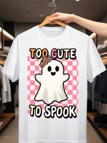 Women's "Too Cute To Spook" Print T-Shirt - Cute Smiling Floral Print Design, Pink Ladies Background And Bold Lettering, Loose-Fitting Casual Top For Halloween And Christmas Gifts, Women's Graphic Tee, Women's Blouse, Top For Women - 白色 - 查看 1