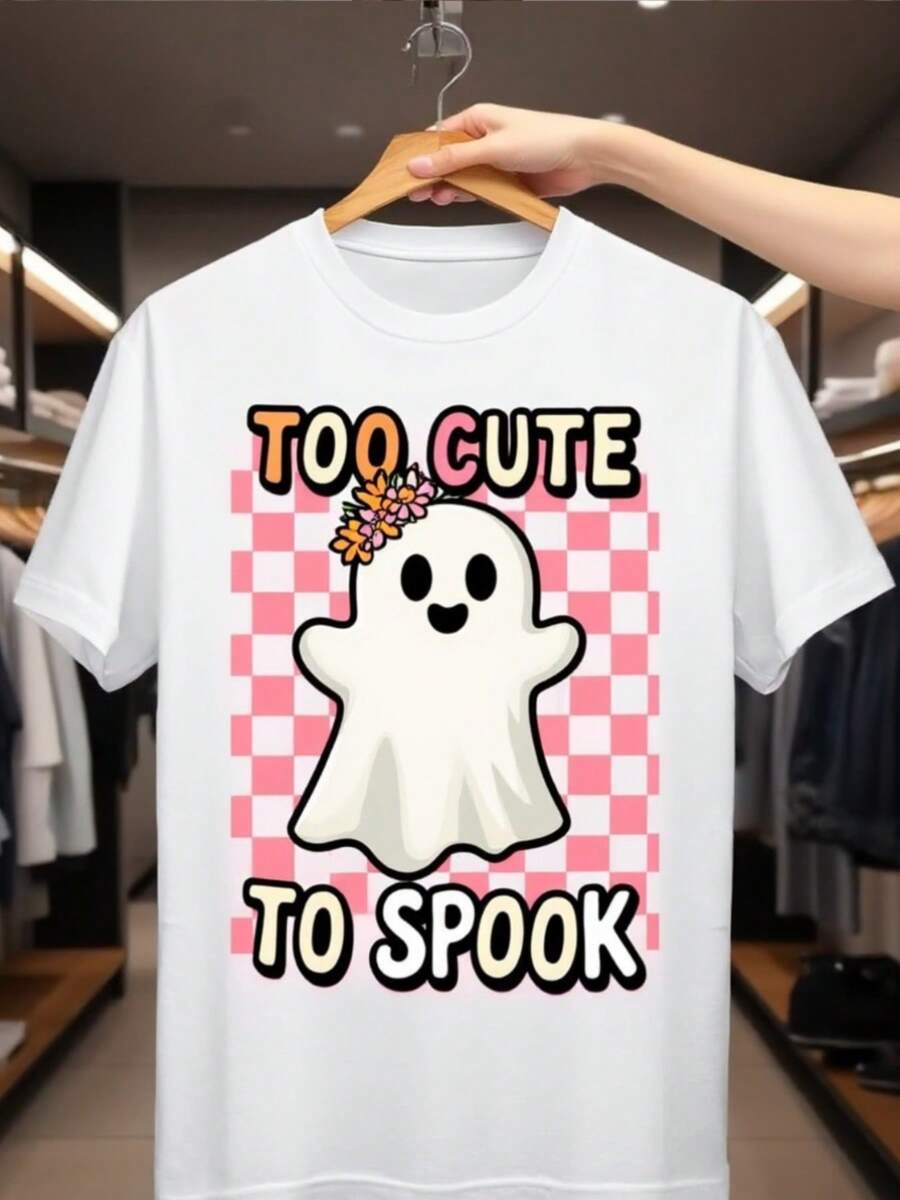 Women's "Too Cute To Spook" Print T-Shirt - Cute Smiling Floral Print Design, Pink Ladies Background And Bold Lettering, Loose-Fitting Casual Top For Halloween And Christmas Gifts, Women's Graphic Tee, Women's Blouse, Top For Women - 白色 - 查看 1