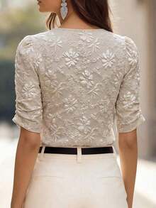 Camisa de mujer con cuello en V y estampado floral, de uso casual y versátil para el día a día - Caqui - Ver 2