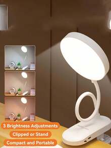 1pc LED Multi-Function 3-Color Desk Lamp, Plug-In/Rechargeable (800mAh Battery) Options, USB Clip-On Eye-Care Study Night Light, 360° Rotatable Reading Lamp, Suitable For Student Dorm, Bedroom, Classroom, Living Room, Bedside, Portable Desk Lamp - Clip-on Round Table Lamp - View 3