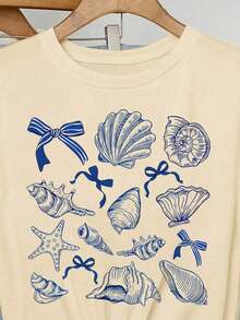Camiseta de Verano para Mujer, Camiseta Holgada de Cuello Redondo con Estampado de Animales Marinos para Mujer, Verano, Talla Grande, Adecuada para Salir y Uso Urbano, Unisex. - Albaricoque - Ver 4
