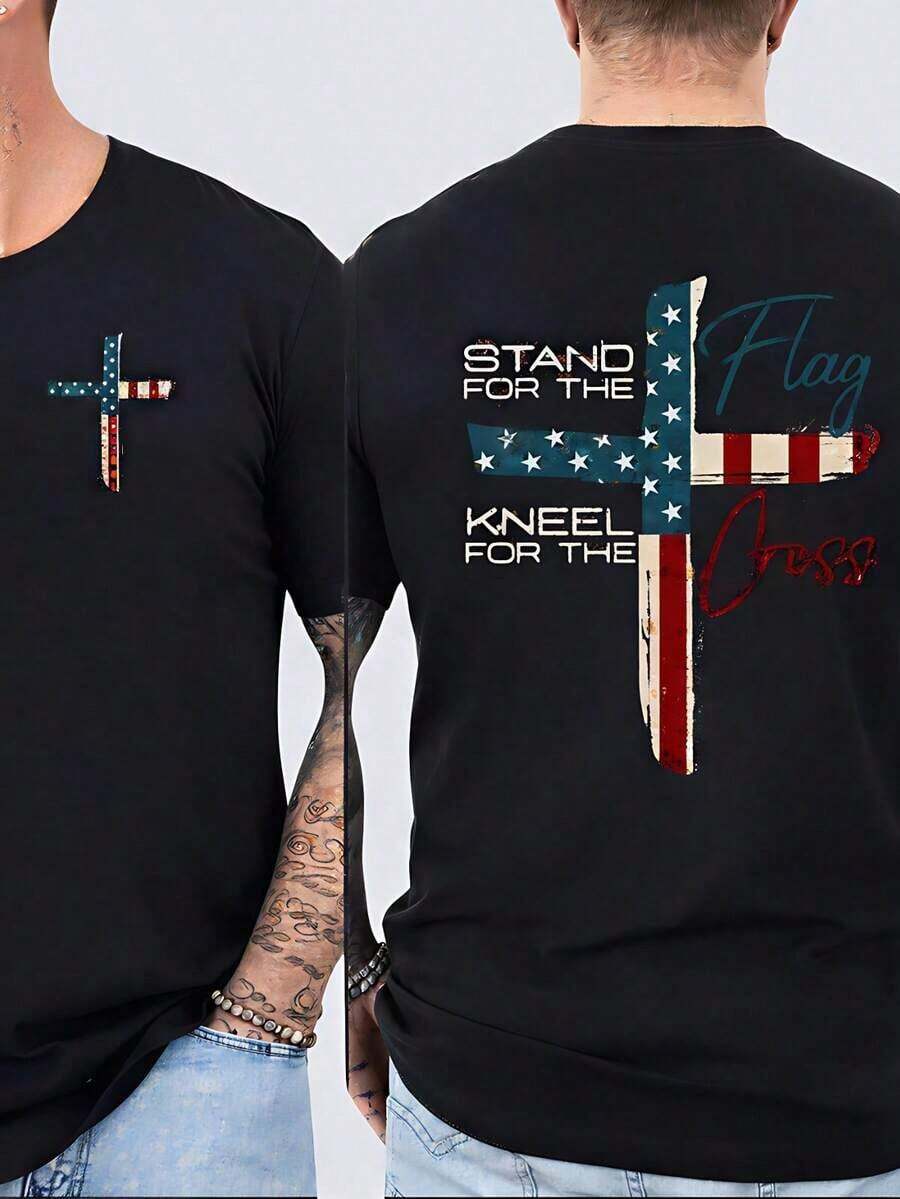 Patriotic Christian Faith T-Shirt, Defend The Flag, Kneel For The Cross, Religious T-Shirt, Cross Design, Men's T-Shirt Showing American Pride, Conservative Christian Cotton Clothing - 黑色 - 查看 1