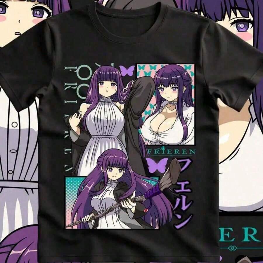 Camiseta de algodón de manga corta con cuello redondo para hombre, serie Freren, estilo casual de anime, para verano. Camiseta Y2k - Negro - Ver 1