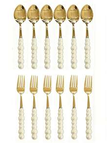 2/4/12/24pcs Set Exquisite Pearl-Shaped Stainless Steel Silverware Set, Includes Ceramic Handle Dinner Knife, Dessert Spoon, Fork And Soup Spoon - Unique Elegant Kitchen Tools And Accessories, Suitable For Restaurant And Home Daily Dining - Gold - View 21