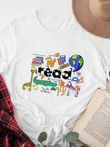 GiftGiftGiftGiftComfort Colots Teacher T-Shirt With Book Print For Kids, Oversized Graphic Tees For Women, Book Lover T-Shirt, Teacher T-Shirt, Elementary School Teacher T-Shirt, Kindergarten T-Shirt, Summer T-Shirts And Tops For Women, Pure Cotton Short Sleeve Crew Neck Urban Style T-Shirt, Soft. Soft - 白色 012 - 查看 6