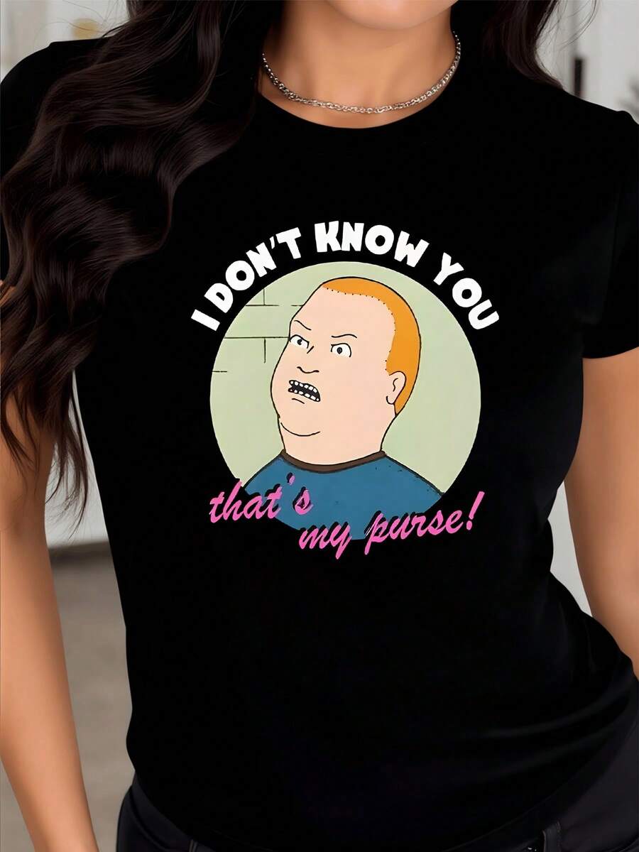 Figura divertida de caricatura mostrando una expresión sorprendida y una frase humorística que transmite actitud de independencia y autoconfianza ideal para quienes disfrutan del humor irónico camiseta de mujer casual moderna cómoda para uso diario - Negro - Ver 1
