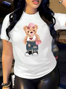 Women's Short-Sleeved Cotton T-Shirt With Graphic Print Of A Bear Wearing Glasses, Casual Short-Sleeved Round Neck Top, Stylish Women's Clothing For All Seasons. - 白色 - 查看 7