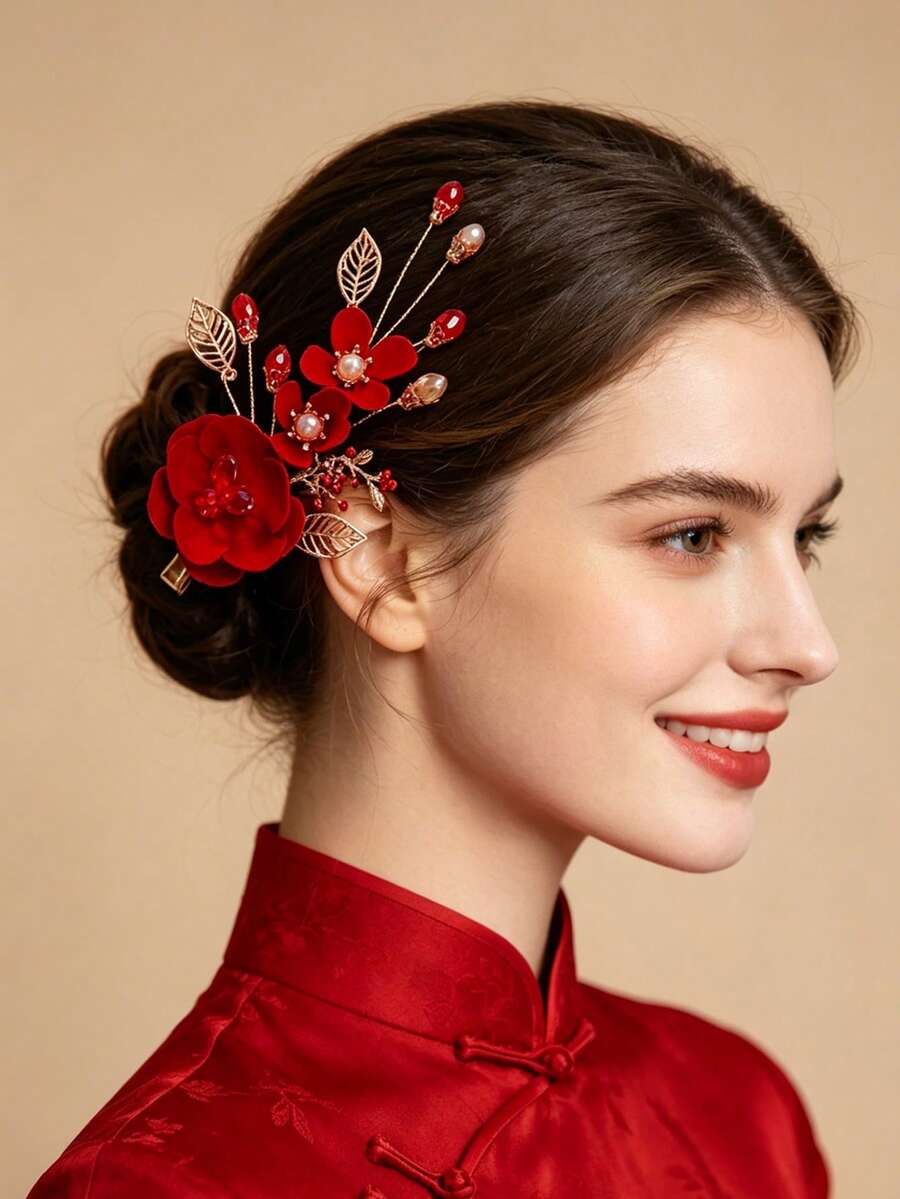 1件歐美風薄紗新娘頭飾髮夾,浪漫頭飾,甜美韓系優雅新娘時尚歐根紗側邊3D髮夾,髮爪,髮卡 - 89379 紅色 - 查看 1