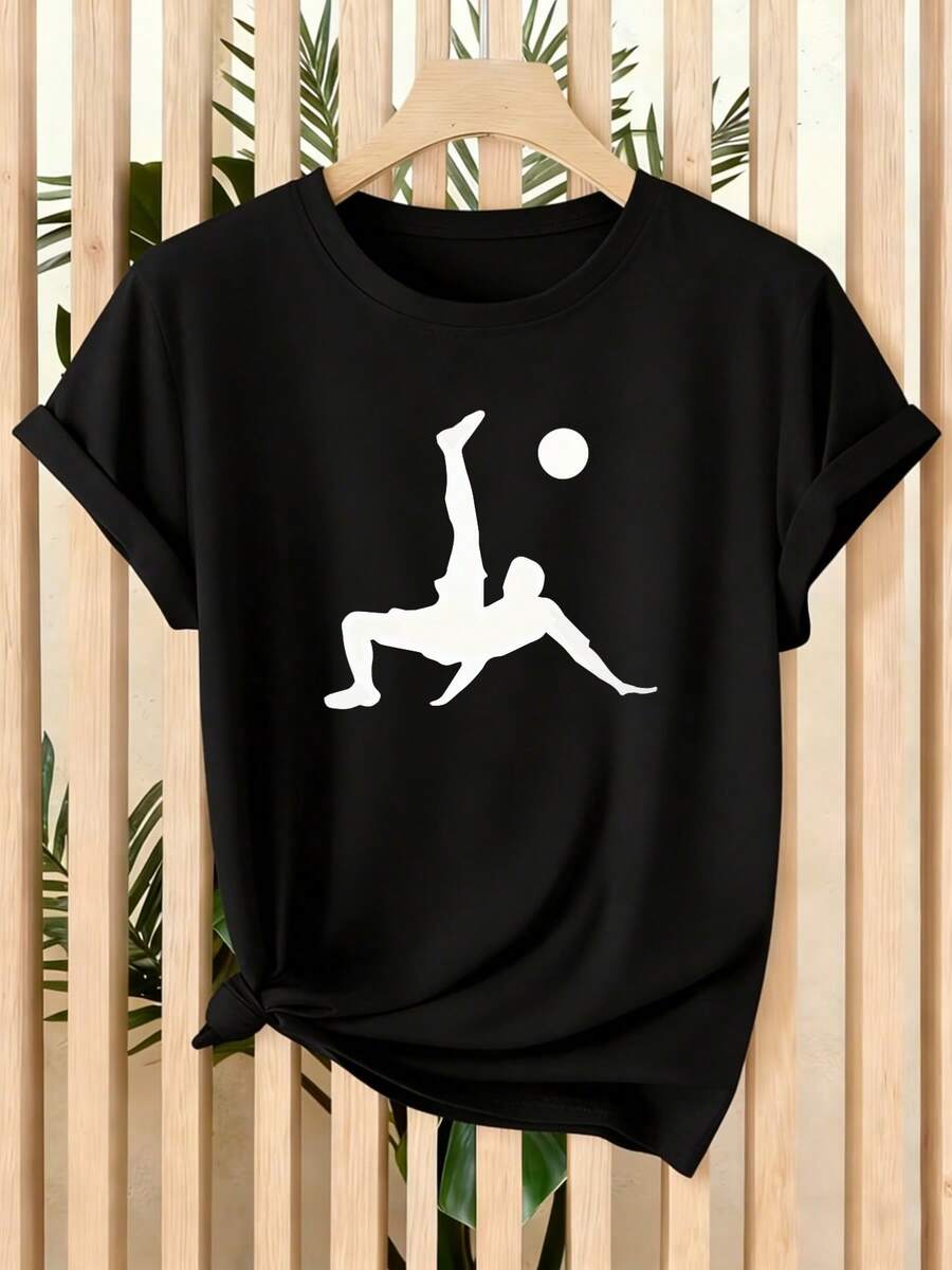 Casual T-Shirt Women's Soccer T-Shirt - Short Sleeve Crew Neck Top With Action Player Print, Casual Summer Blouse Suitable For Fans, Machine Washable Clothing And Everyday Wear 100% Cotton Durable - 黑色 - 查看 1