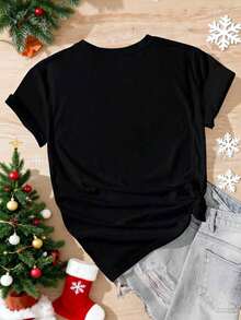 Vintage Loose Fit T-Shirt For New Year 2026 - Sparkling Pink Lettering, Happy New Year! Printed With Heart Shapes And Bows, Casual Short Sleeve Crew Neck Party Top, A Dazzling 2026 Celebration Top Suitable For All Seasons. Fashion 100% Cotton - 黑色 - 查看 2