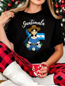 Black T-Shirt With Traditional Guatemalan Woman Design Featuring Flag And Bird, Casual Top For Women, Cultural Gift For Lovers Of Guatemala - 白色 - 查看 1