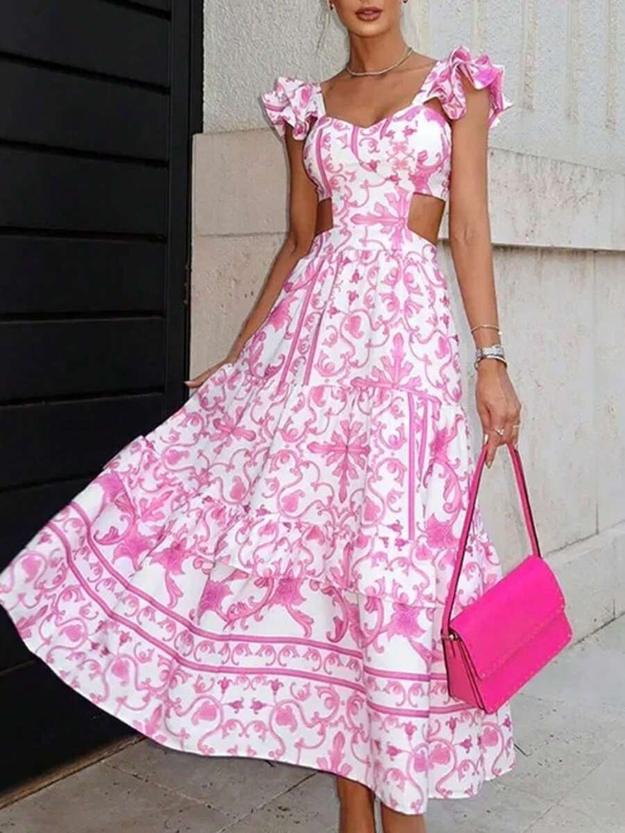 Vestido primavera estampado con mangas alas y corte en cintura elegante estilo europeo para uso laboral casual - Rojo - Ver 1