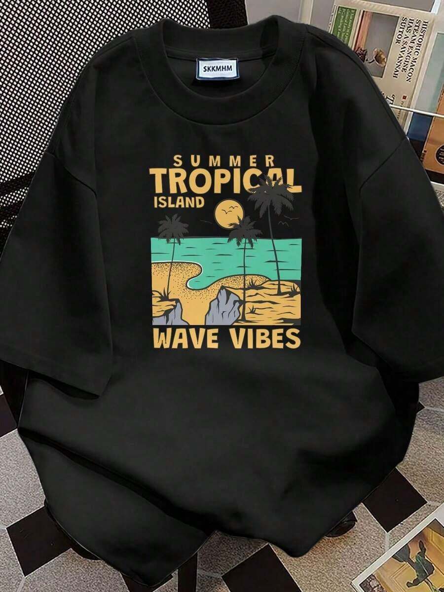 1 Yellow Island Tropical Wave Print T-Shirt - Featuring Palm Tree Print And Surf Logo, Hawaii/Turks And Caicos Lettering, Casual Short-Sleeve Beachwear For Summer, Machine Washable, Ideal For Vacations. 180g 100% Cotton, Patterns Are Fully Printed. Unisex. - 黑色 - 查看 1