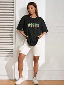 Gift 100% Cotton T-Shirt With Cactus And Succulent Print And The Phrase "All Things Grow With Love", Oversized Casual Short Sleeve T-Shirt For Women, Fresh And Positive Minimalist Streetwear Style, Ideal For Everyday Wear And Gift, Colors: White And Blue Available, Plus Size Available, Soft - 黑色 - 查看 4