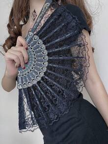 5pcs Lace Retro Folding Fans, Suitable For Gothic Theme Parties, Birthday Parties, Wedding Parties, Stage Props, And Photography Props - One Size Fits All - View 5
