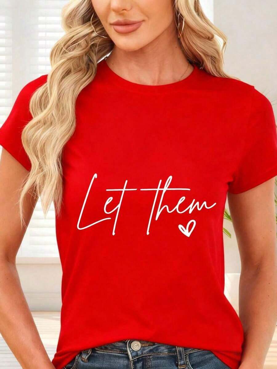 GiftCamiseta de con estampado de texto Let them y corazón para uso diario y ocasiones casualesSoft - Rojo - Ver 1
