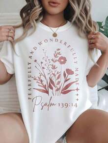 Camiseta Casual Estampada de Moda para Mujer, Hecha de Forma Maravillosa y Precisa, Salmo 139:14, Adecuada para Todas las Temporadas  
 -Blanco - Blanco - Ver 1