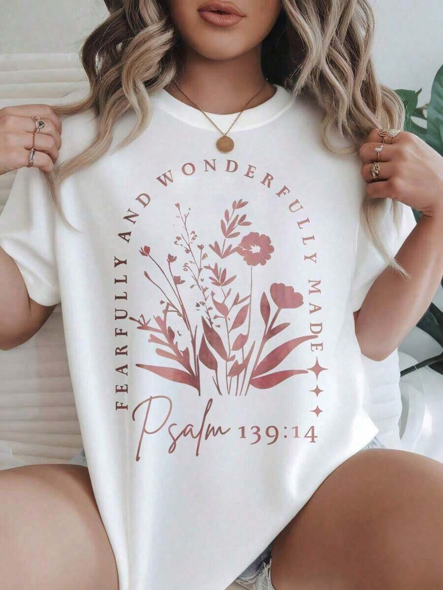 Camiseta Casual Estampada de Moda para Mujer, Hecha de Forma Maravillosa y Precisa, Salmo 139:14, Adecuada para Todas las Temporadas
-Blanco - Blanco - Ver 1
