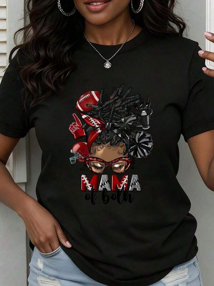 Women's Crew Neck T-Shirt With "American Football Mom And Cheerleader" Print, Short Sleeve, For Sports-Fanatic Mom, Casual Wear. - 黑色 - 查看 1