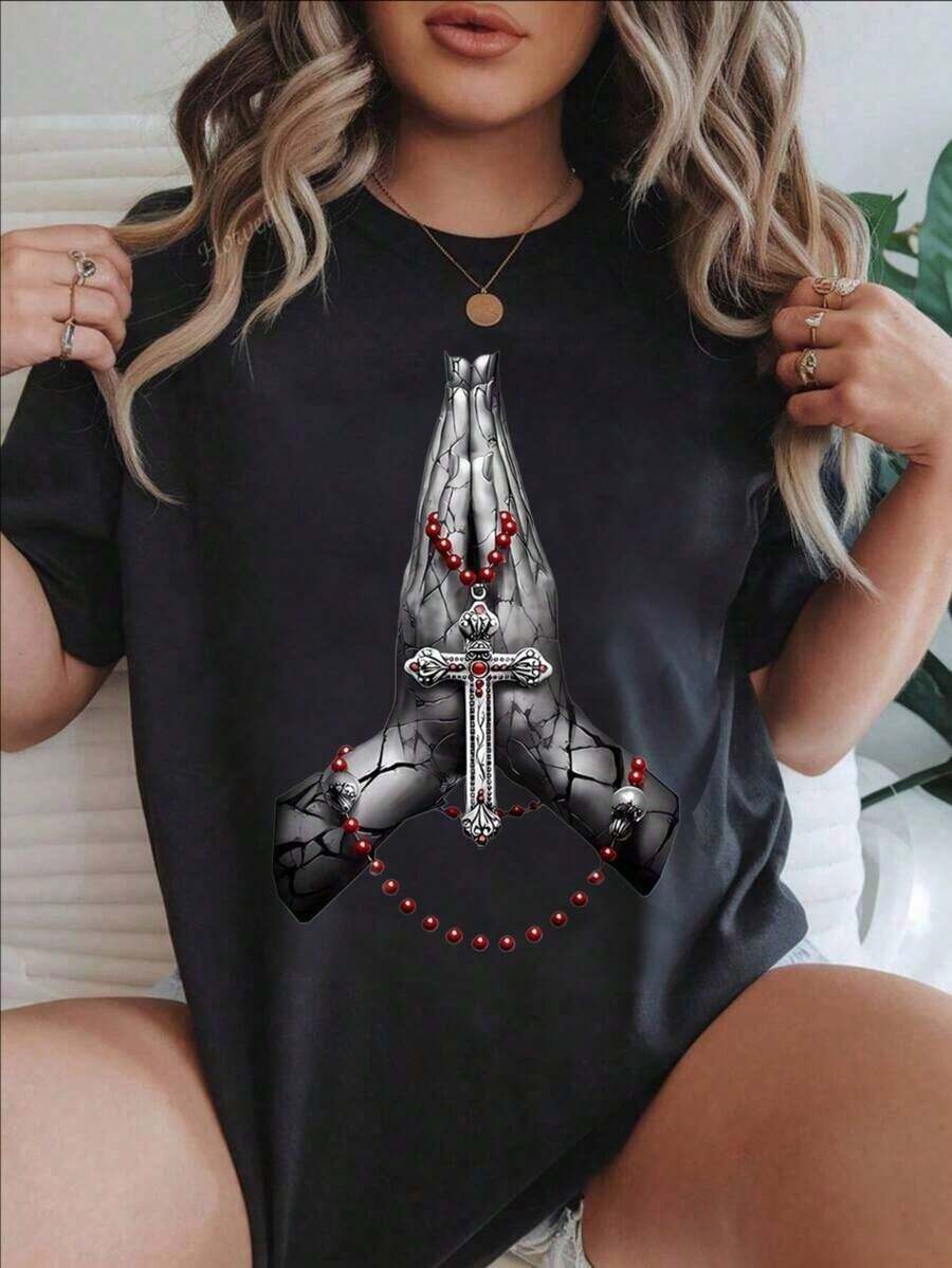 Camiseta Casual de Manga Corta para Mujer - Diseño de Manos en Oración con Rosario y Cruz, Cuello Redondo, Top de Verano, Lavable a Máquina, Camisetas para Damas, Ropa Casual, Estilo Moderno, Ajuste Cómodo
-Blanco - Negro - Ver 1