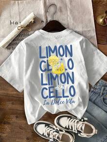Camiseta Gráfica de Licor de Limón Italiano Limoncello La Dolce Vita para Mujer - Cuello Redondo, Manga Corta, Estilo Casual de Verano con Estampado de Limón y Limoncello, Estilo Y2k - Blanco - Ver 3