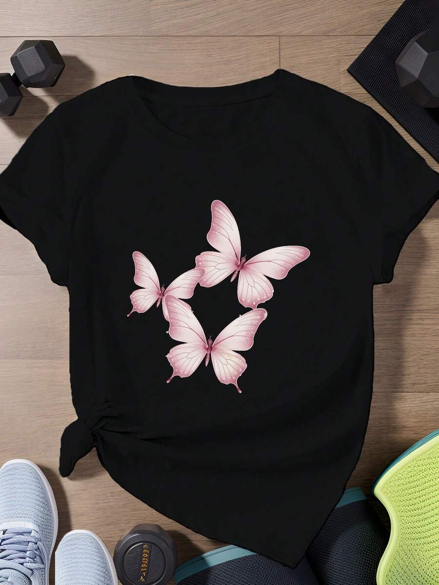Camiseta Deportiva de Manga Corta para Mujer, Talla, con Diseño de Tres Mariposas Translúcidas Brillantes - Negro - Ver 1