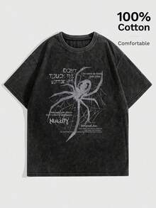 One Unisex Loose-Fitting T-Shirt With A Crew Neck And Short Sleeves, Featuring A Distressed Effect And A Y2K-Style Design. Made From 100% Cotton (220g), This Casual And Versatile Style Is Perfect For Streetwear, Everyday Wear, Camping, Concerts, And Hip-Hop, Rock, And Rap Events. It Features A Star Print And Is An Ideal Choice. - 黑色 - 查看 6